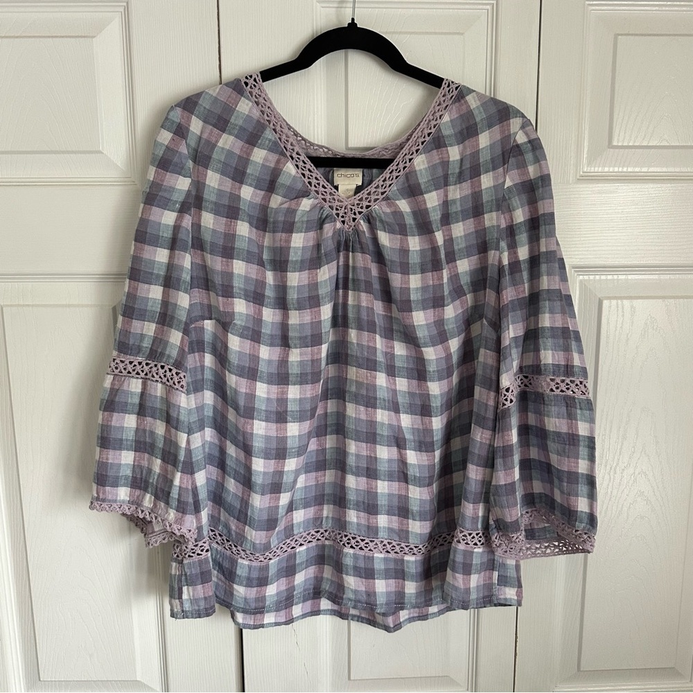 Chico’s Size 3 Crochet-Detail Gingham Linen Popover Top Purple Boho Peasant - Picture 3 of 13